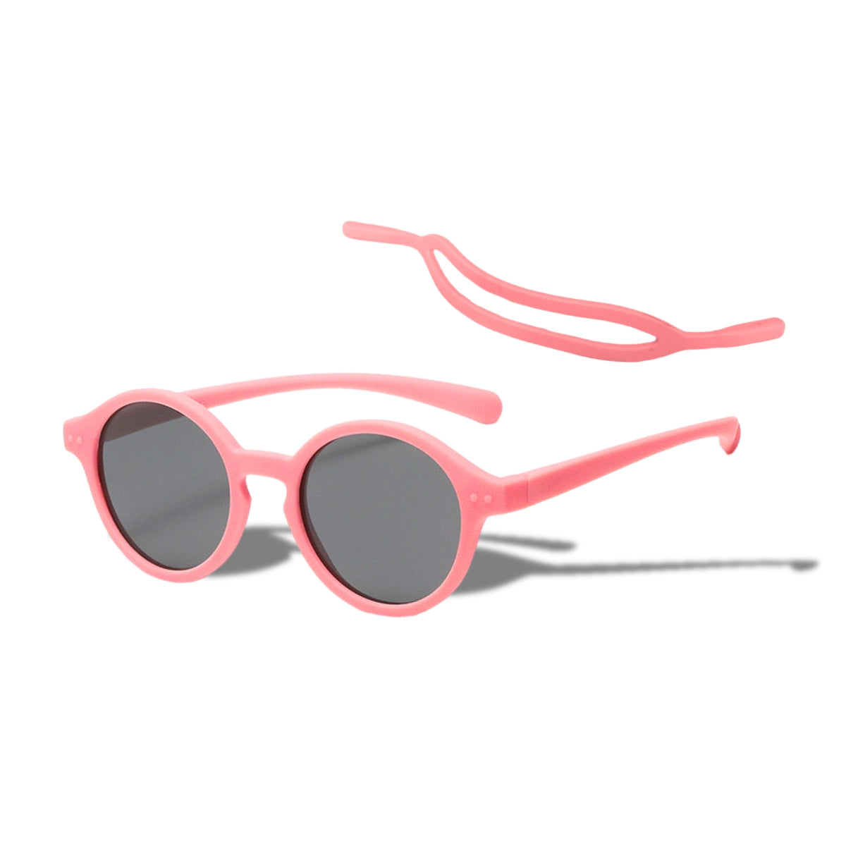 Candy Floss Hot Pink Baby Sunglasses with detachable rubber head strap. Round Frames. For babies 6M-3Y old.