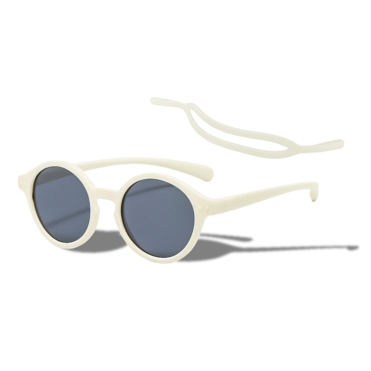 Cloud White Baby Sunglasses with detachable rubber head strap. Round Frames. For babies 6M-3Y old.