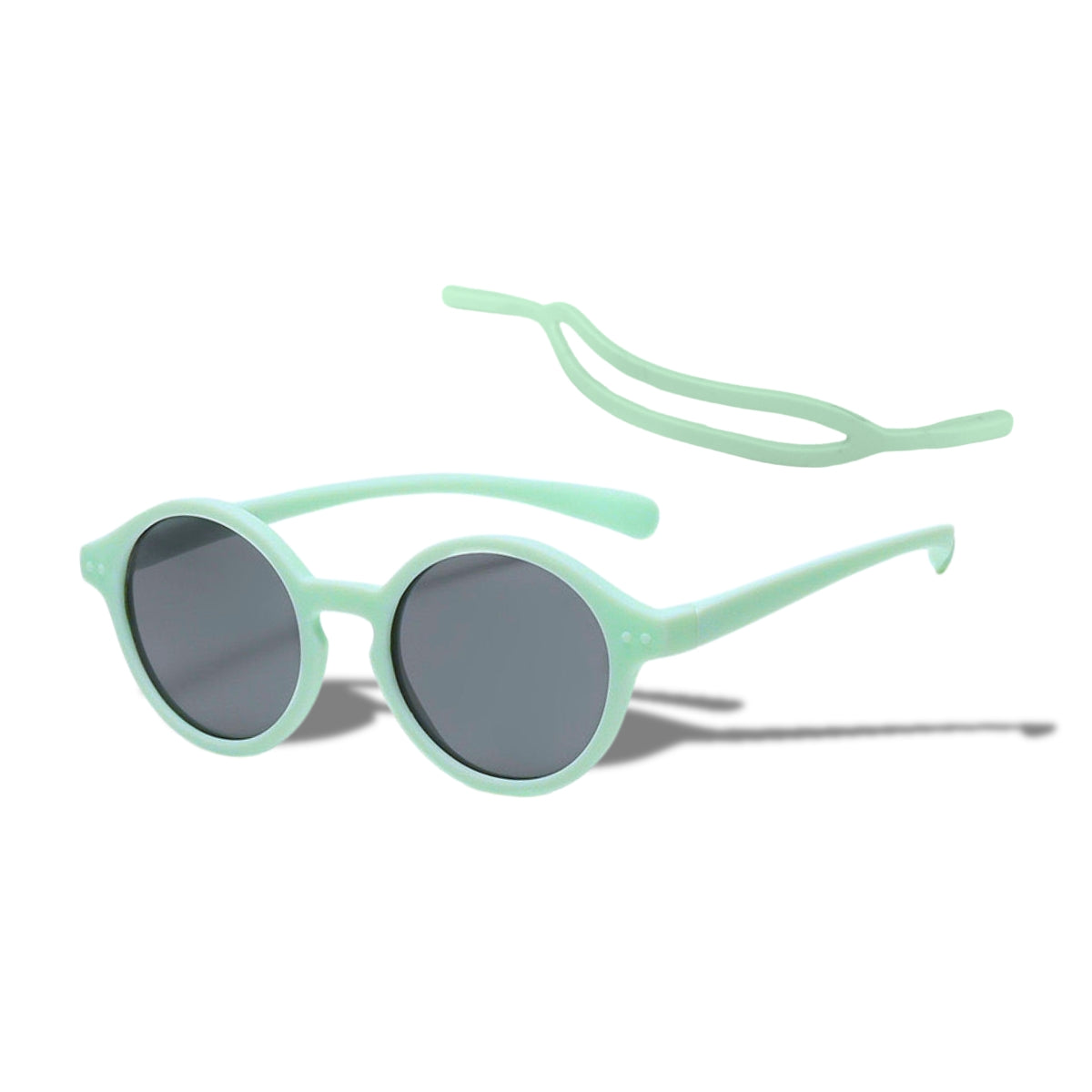 Mint Green Baby Sunglasses with detachable rubber head strap. Round Frames. For babies 6M-3Y old.
