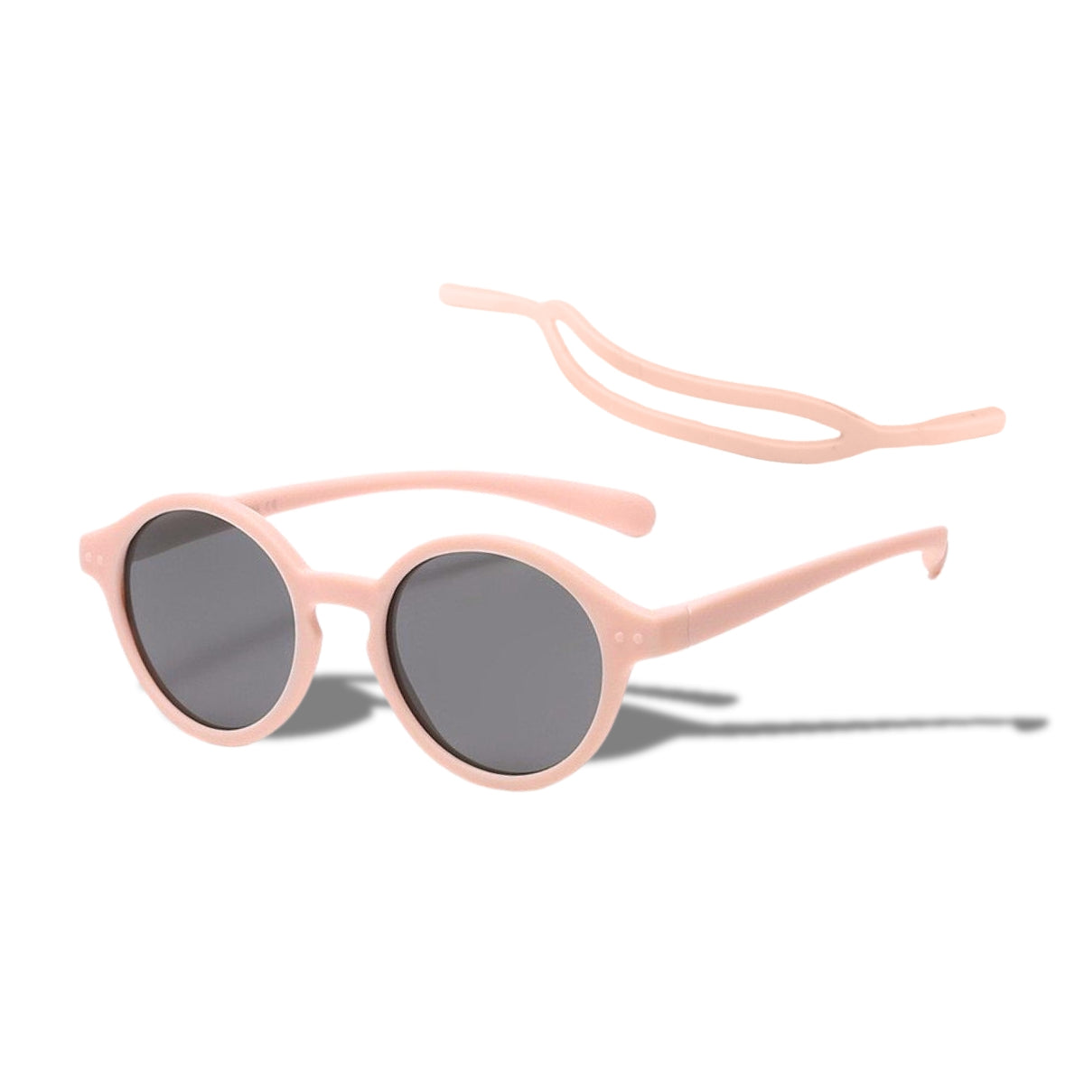 Soft Peach Baby Sunglasses with detachable rubber head strap. Round Frames. For babies 6M-3Y old.