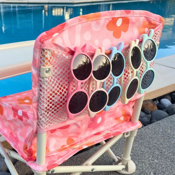 Bloom Baby Highchair with 5x Sunglasses Colour options hanging on the mesh pocket on the back of the chair. Choose your combination of colours.