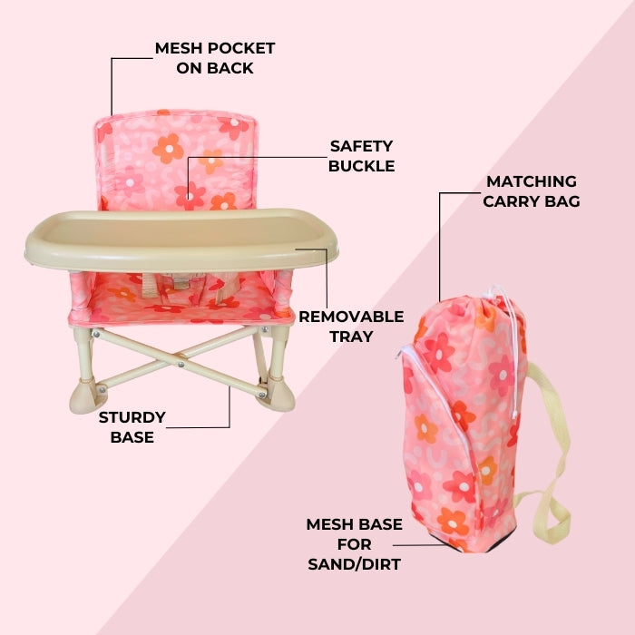 Portable Baby Chair Features: Mesh pocket on back, safety buckle, removable tray, sturdy base, matching carry bag with a mesh base for sand/dirt.