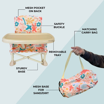 Portable Baby Chair Features: Mesh pocket on back, safety buckle, removable tray, sturdy base, matching carry bag with a mesh base for sand/dirt.
